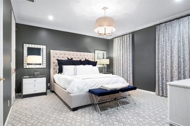 bedroom featuring crown molding and light carpet