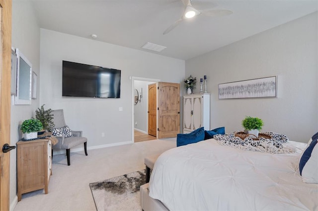 carpeted bedroom featuring ceiling fan