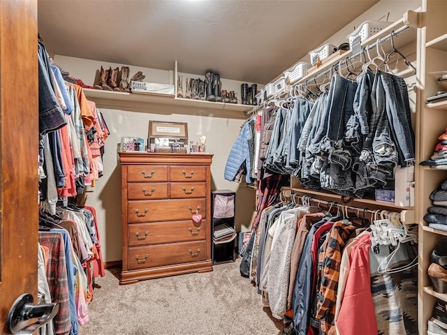 walk in closet featuring light carpet