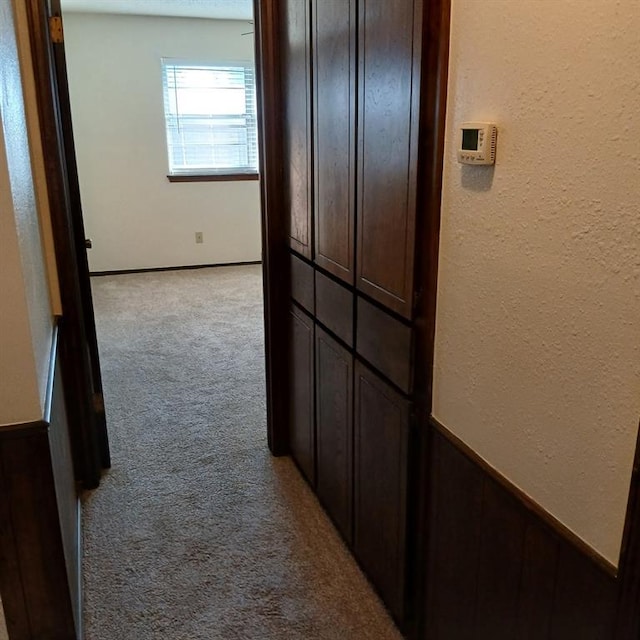 hallway with light colored carpet