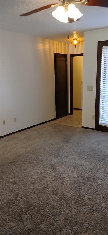 empty room featuring ceiling fan, carpet floors, and a textured ceiling