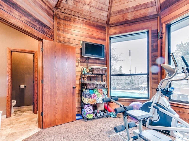 interior space with light carpet and wooden walls