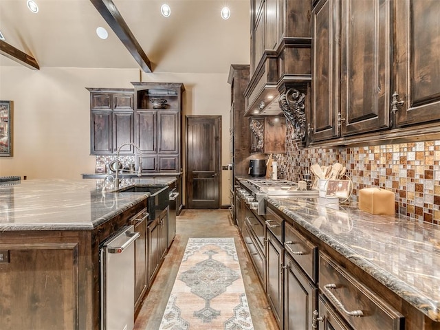 kitchen featuring dark brown cabinetry, stone countertops, and decorative backsplash