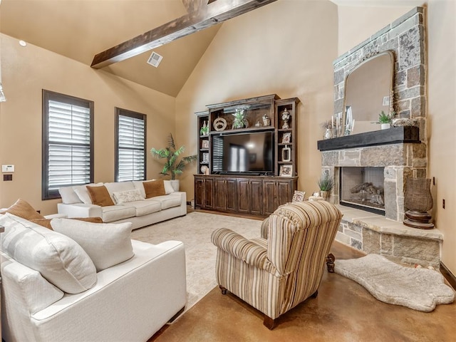 carpeted living room featuring beam ceiling, a stone fireplace, and high vaulted ceiling