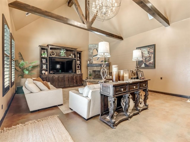 living room featuring beamed ceiling, a fireplace, a chandelier, and high vaulted ceiling