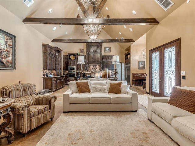 living room featuring beamed ceiling and high vaulted ceiling