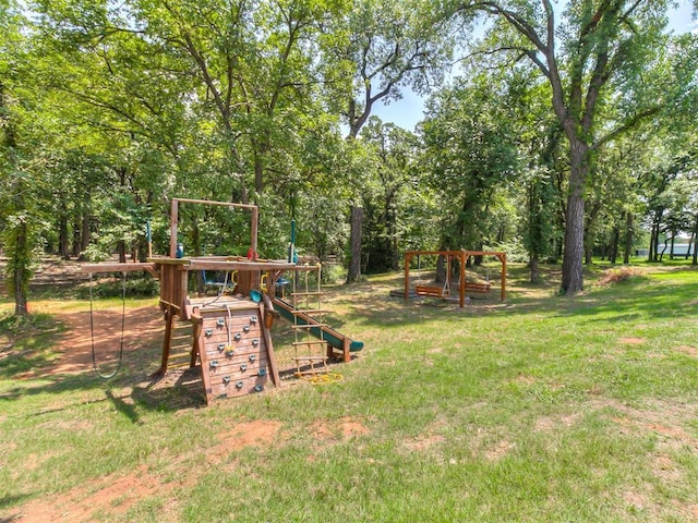 view of jungle gym featuring a yard