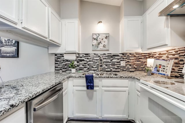 kitchen featuring ventilation hood, dishwasher, sink, and white cabinetry