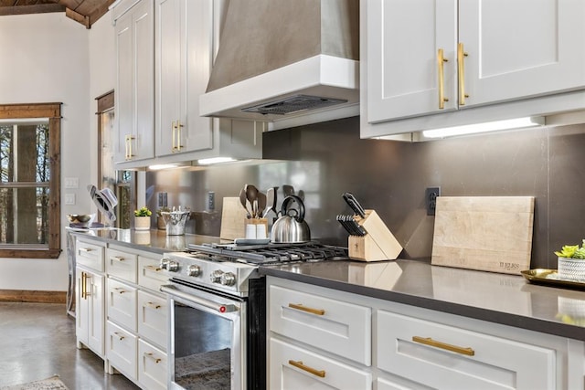 kitchen with stainless steel gas range oven, custom exhaust hood, tasteful backsplash, and white cabinets