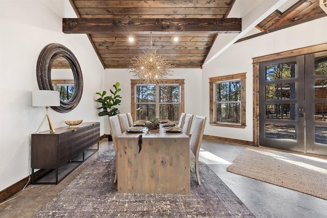 interior space featuring vaulted ceiling with beams, wood ceiling, and a chandelier