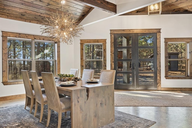 dining area with a notable chandelier, lofted ceiling with beams, french doors, and wooden ceiling