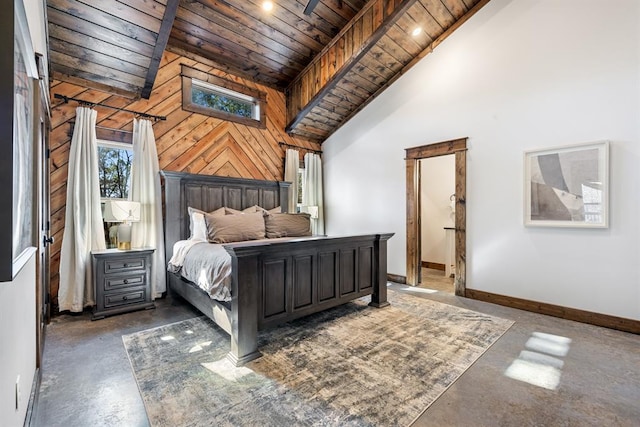 bedroom featuring wood ceiling, wooden walls, and high vaulted ceiling