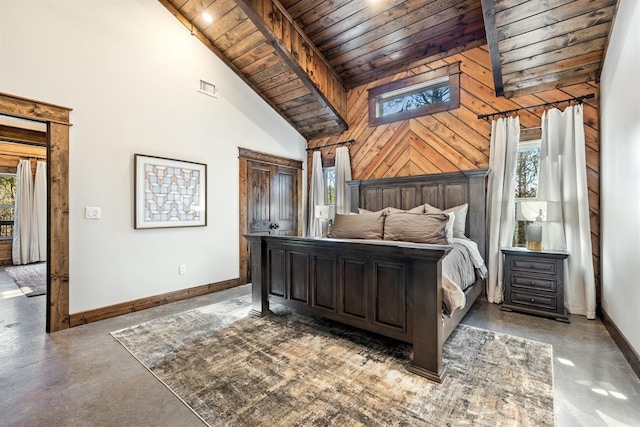 bedroom featuring concrete flooring, high vaulted ceiling, multiple windows, and wooden ceiling