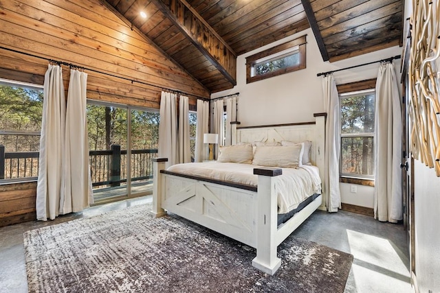 unfurnished bedroom featuring wooden ceiling, vaulted ceiling, and access to outside