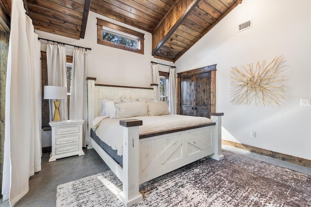 unfurnished bedroom featuring high vaulted ceiling and wooden ceiling