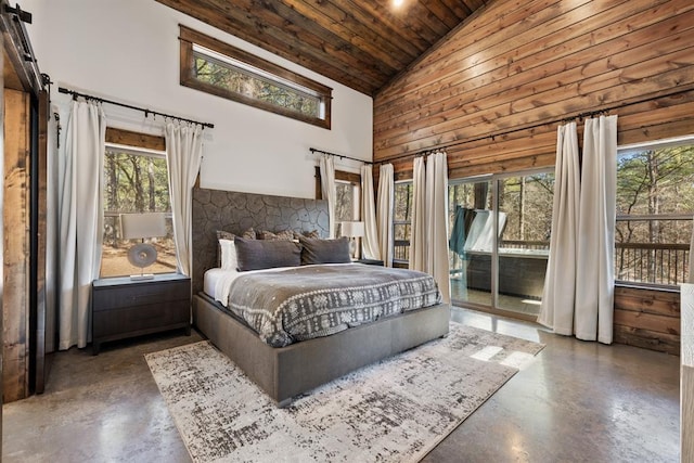 bedroom featuring wooden ceiling, access to exterior, and high vaulted ceiling