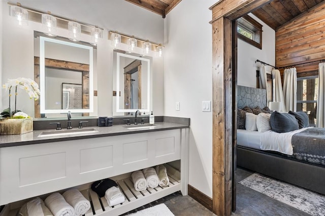 bathroom with lofted ceiling, vanity, a wealth of natural light, and wooden ceiling