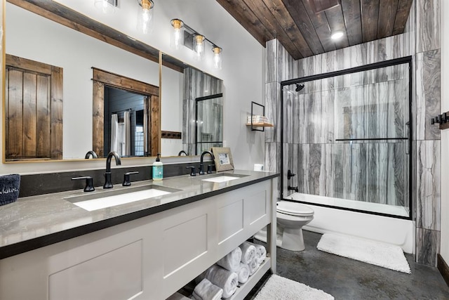 full bathroom featuring bath / shower combo with glass door, concrete floors, vanity, toilet, and wooden ceiling