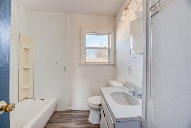 bathroom featuring vanity, toilet, a bathing tub, and wood-type flooring