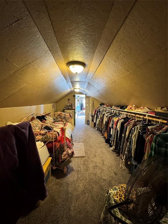 interior space featuring vaulted ceiling, carpet flooring, and a textured ceiling