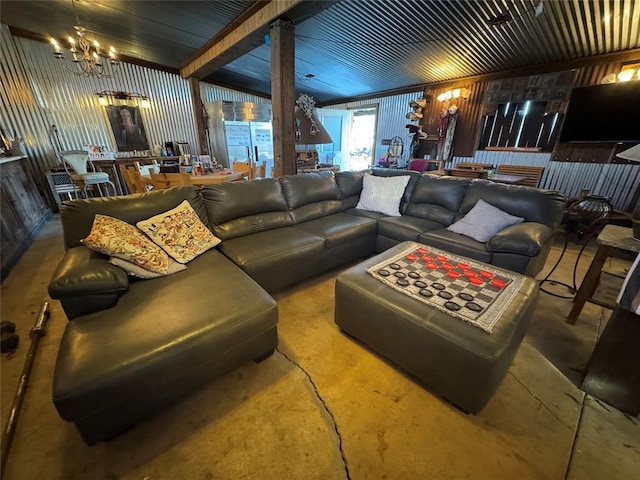 living room with a notable chandelier