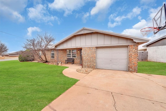 ranch-style house with a garage and a front yard