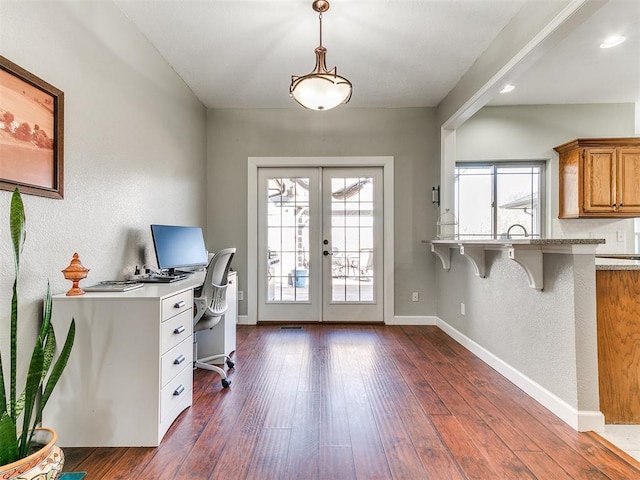 office area with french doors, baseboards, recessed lighting, and dark wood finished floors