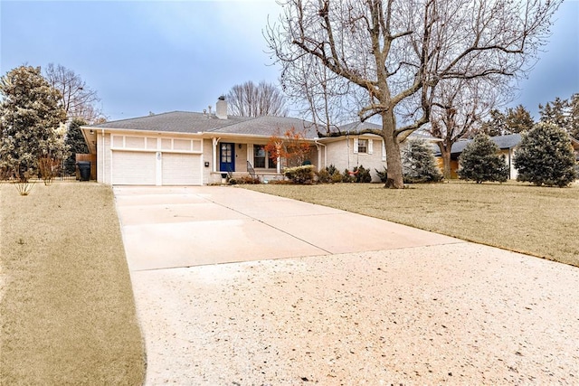 ranch-style home with a garage, a front yard, and a porch