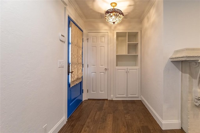 hallway featuring ornamental molding and dark hardwood / wood-style floors