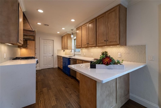 kitchen with sink, dark hardwood / wood-style floors, and kitchen peninsula