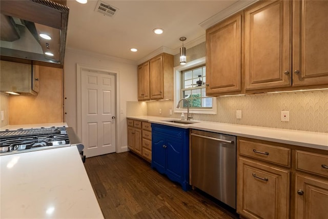 kitchen with pendant lighting, sink, range, dark hardwood / wood-style floors, and stainless steel dishwasher