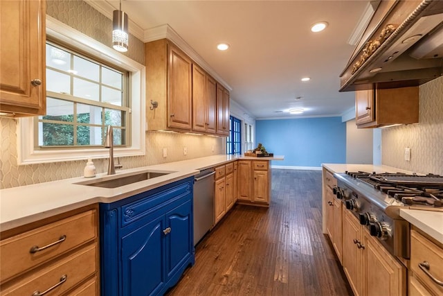 kitchen with sink, hanging light fixtures, stainless steel appliances, decorative backsplash, and custom exhaust hood