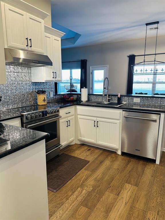 kitchen with under cabinet range hood, a sink, appliances with stainless steel finishes, tasteful backsplash, and dark wood finished floors