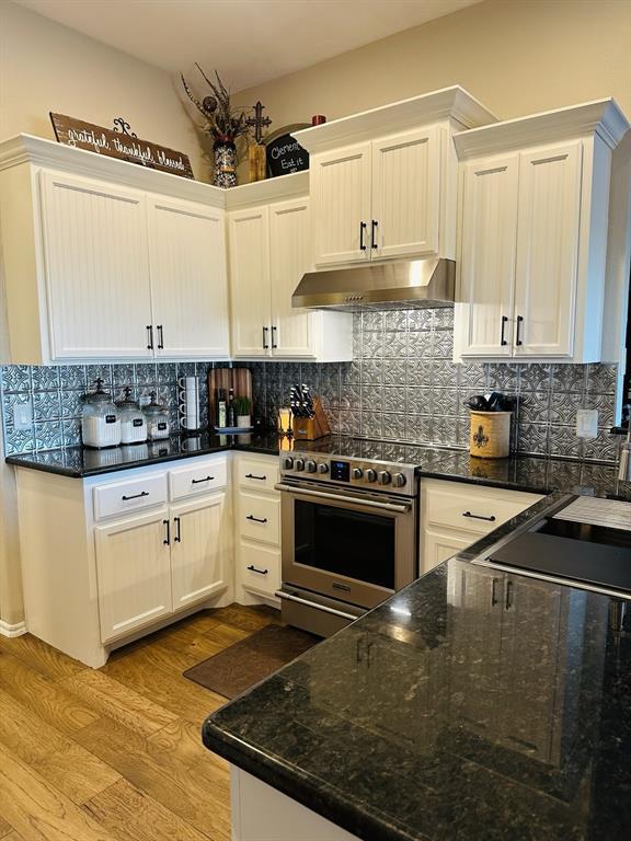 kitchen featuring under cabinet range hood, stainless steel electric range, light wood finished floors, and decorative backsplash