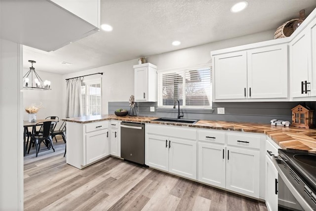 kitchen featuring decorative light fixtures, sink, white cabinets, kitchen peninsula, and stainless steel appliances