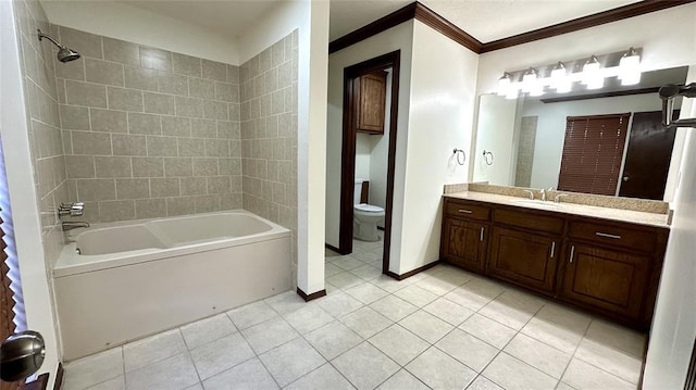 full bathroom with crown molding, tile patterned floors, vanity, and toilet