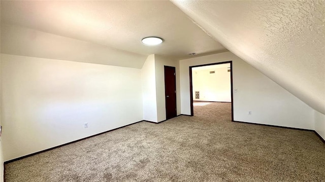 additional living space with lofted ceiling, a textured ceiling, and carpet