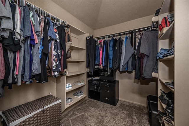 walk in closet featuring dark colored carpet