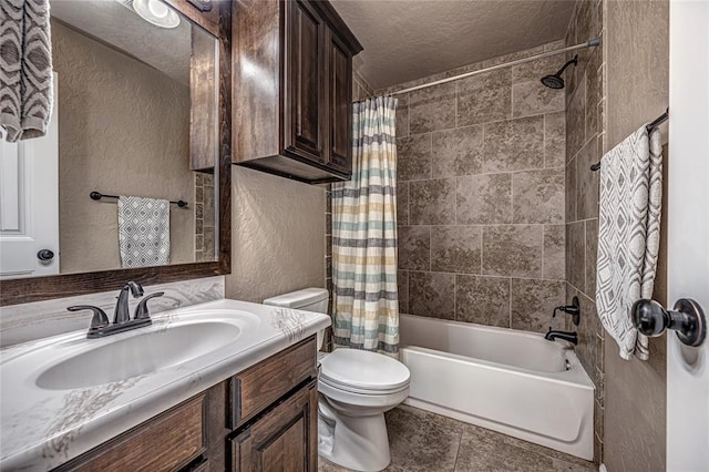 full bathroom with tile patterned floors, toilet, a textured ceiling, vanity, and shower / bathtub combination with curtain