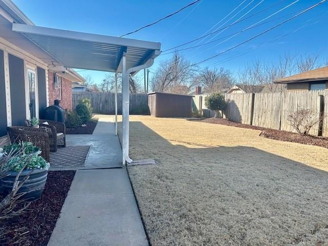 view of yard featuring a patio and a storage shed