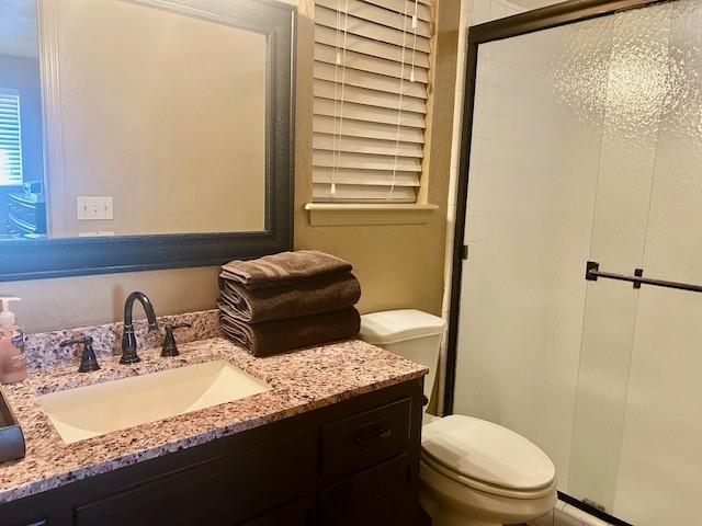 bathroom featuring vanity, toilet, and a shower with shower door