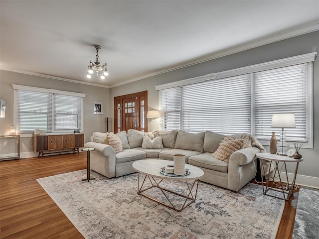 living room with a chandelier, baseboards, wood finished floors, and crown molding