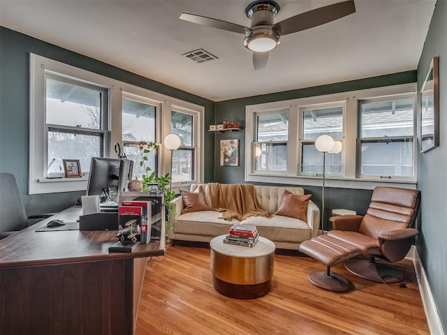 office with visible vents, ceiling fan, baseboards, and wood finished floors