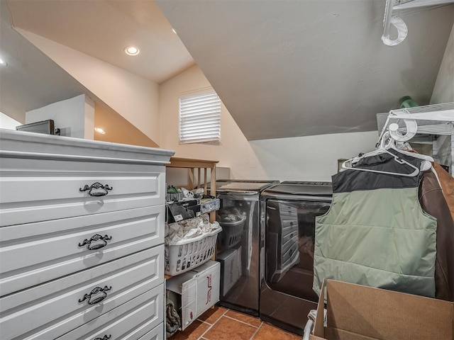 laundry room with laundry area, recessed lighting, tile patterned floors, and washing machine and clothes dryer