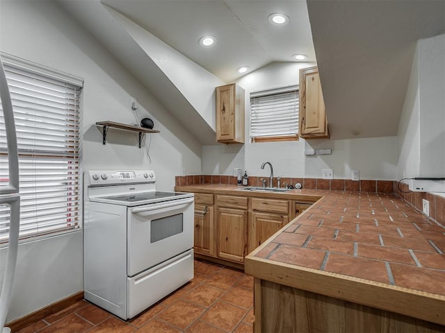 kitchen with white electric stove, lofted ceiling, recessed lighting, a sink, and open shelves