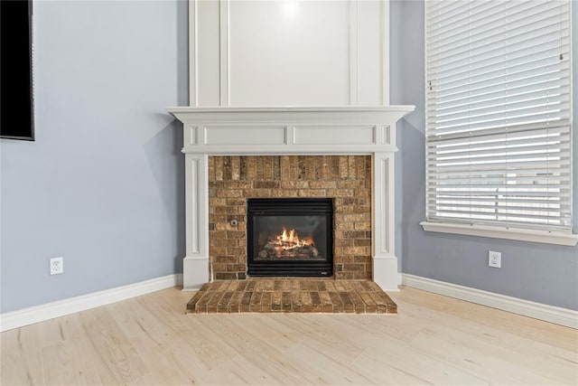 details with wood-type flooring and a fireplace