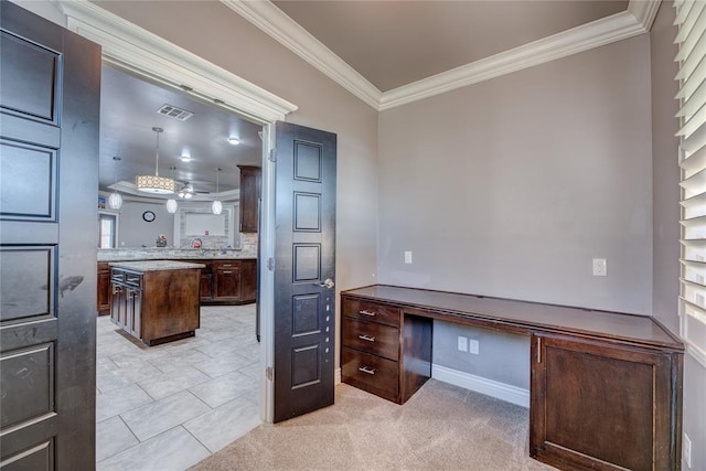 office with light colored carpet and ornamental molding