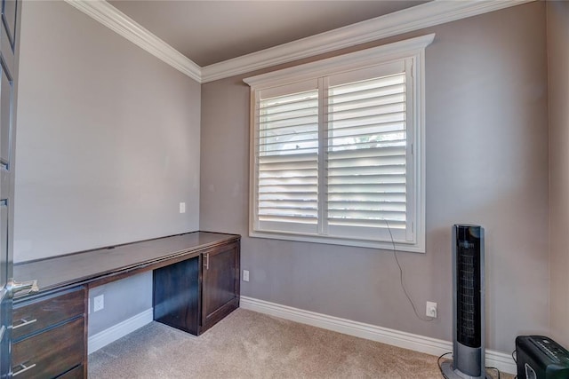 unfurnished office with light colored carpet and ornamental molding