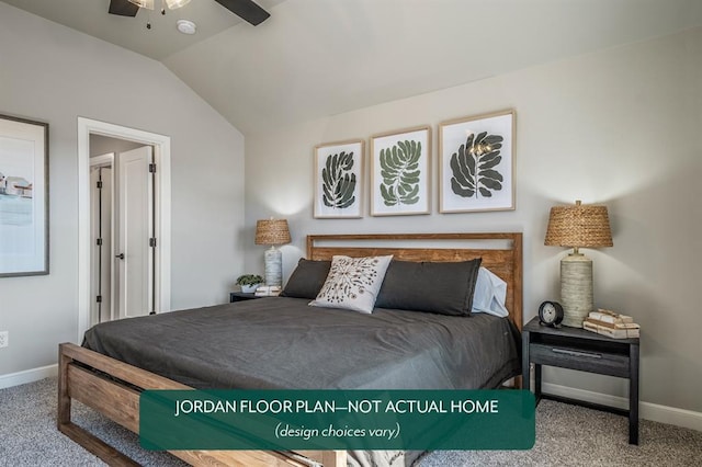 carpeted bedroom with lofted ceiling and ceiling fan