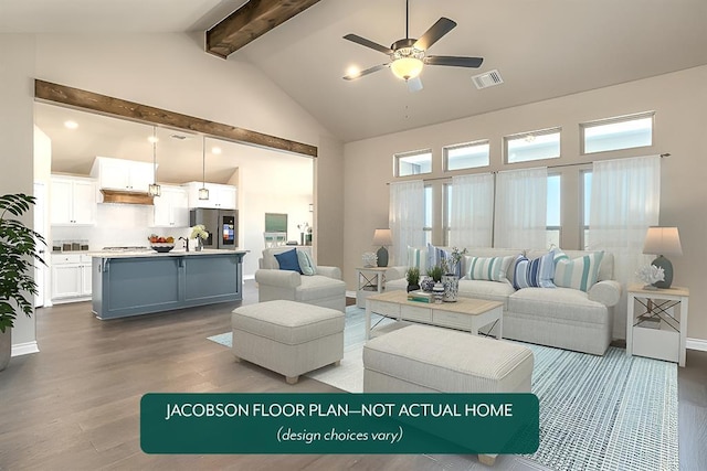 living room featuring beamed ceiling, ceiling fan, hardwood / wood-style flooring, and high vaulted ceiling